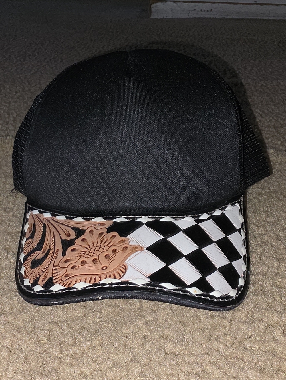 Black Trucker Snapback Cap with Tan Floral & Black-White Checker Visor